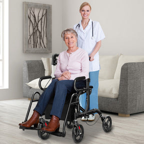 2-in-1 Folding Rollator Walker Transport Wheelchair with Detachable Storage Bag and Height Adjustable Handle