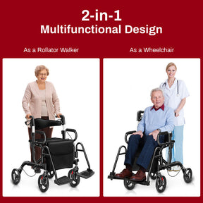 2-in-1 Folding Rollator Walker Transport Wheelchair with Detachable Storage Bag and Height Adjustable Handle