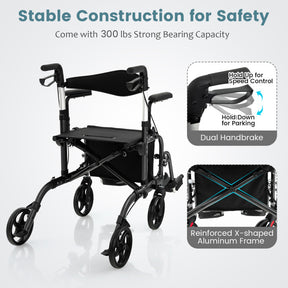 2 in 1 Rollator Walker Wheelchair Folding Medical Walker Rolling Transport Chair Mobility Walking