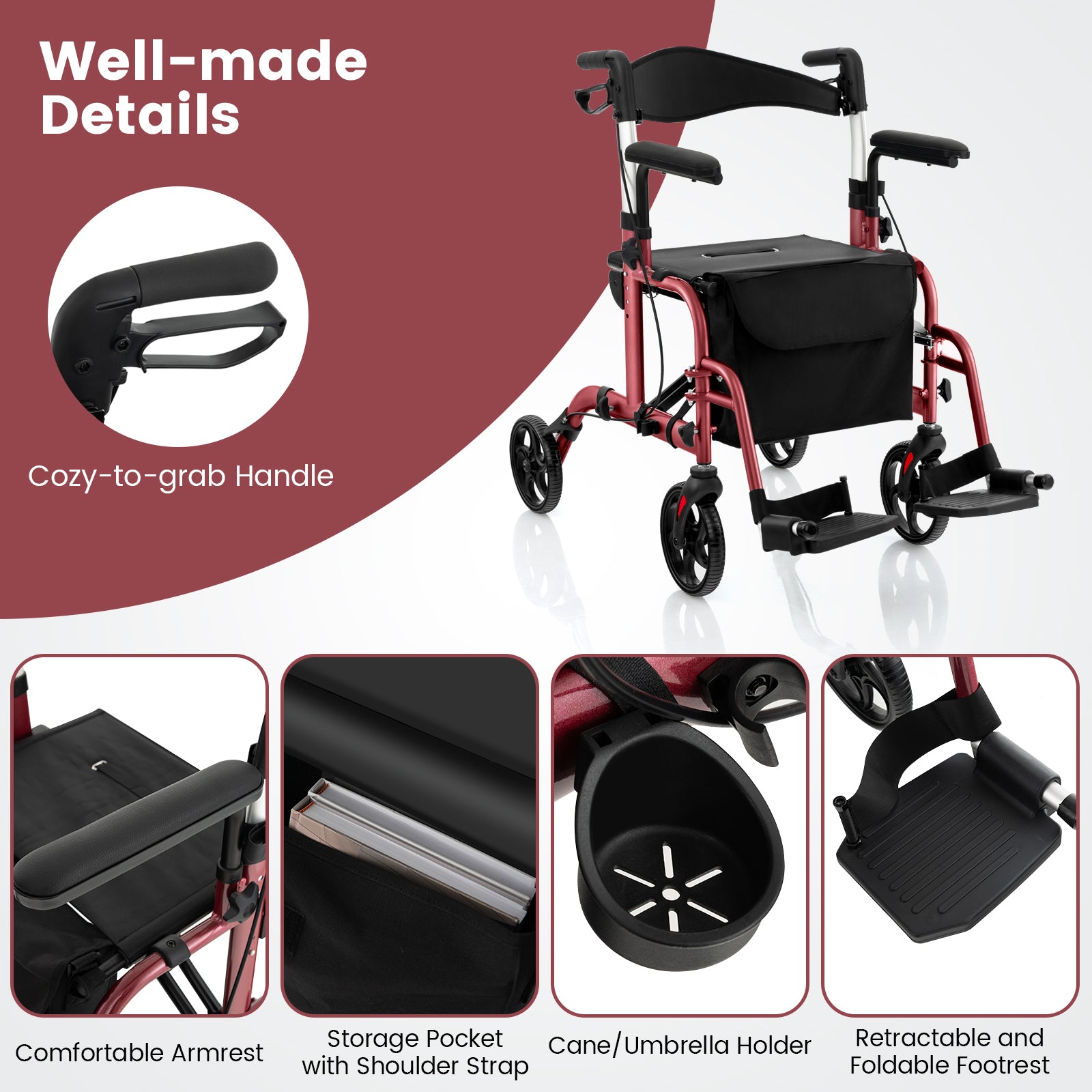 2 in 1 Rollator Walker Wheelchair Folding Medical Walker Rolling Transport Chair Mobility Walking