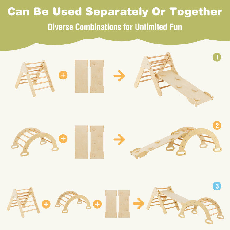 2-in-1 Kids Wooden Montessori Climbing Toys Set Toddlers Triangle Climber Play Gym Ladder with Sliding Ramp