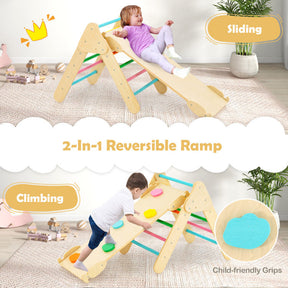 2-in-1 Kids Wooden Montessori Climbing Toys Set Toddlers Triangle Climber Play Gym Ladder with Sliding Ramp