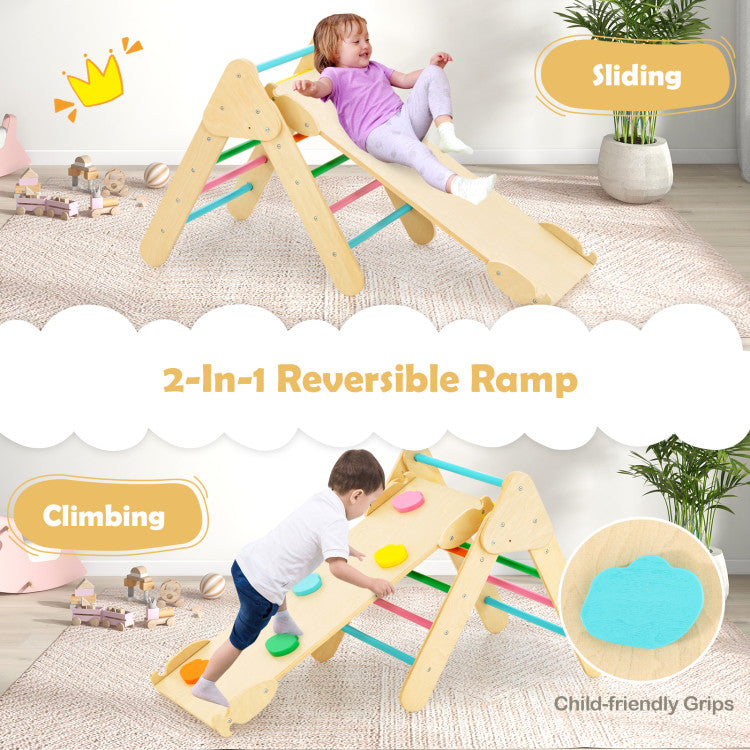 2-in-1 Kids Wooden Montessori Climbing Toys Set Toddlers Triangle Climber Play Gym Ladder with Sliding Ramp