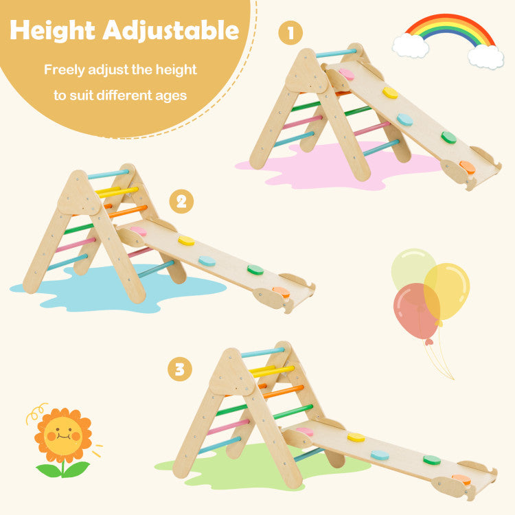 2-in-1 Kids Wooden Montessori Climbing Toys Set Toddlers Triangle Climber Play Gym Ladder with Sliding Ramp