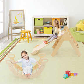 2-in-1 Kids Wooden Montessori Climbing Toys Set Toddlers Triangle Climber Play Gym Ladder with Sliding Ramp