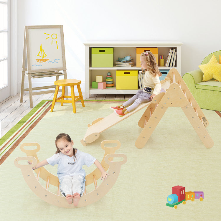 2-in-1 Kids Wooden Montessori Climbing Toys Set Toddlers Triangle Climber Play Gym Ladder with Sliding Ramp