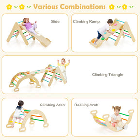2-in-1 Kids Wooden Montessori Climbing Toys Set Toddlers Triangle Climber Play Gym Ladder with Sliding Ramp
