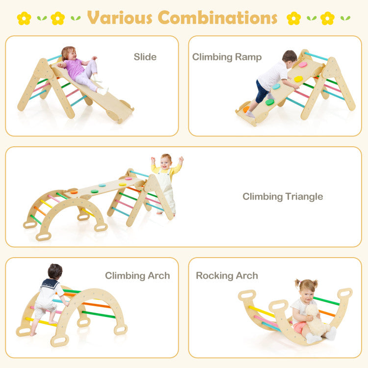 2-in-1 Kids Wooden Montessori Climbing Toys Set Toddlers Triangle Climber Play Gym Ladder with Sliding Ramp