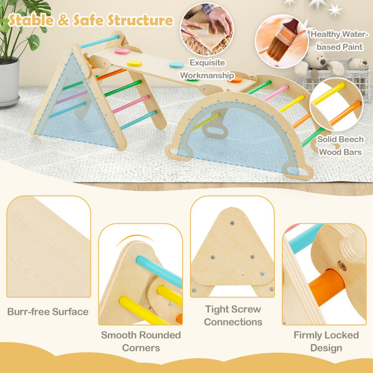2-in-1 Kids Wooden Montessori Climbing Toys Set Toddlers Triangle Climber Play Gym Ladder with Sliding Ramp