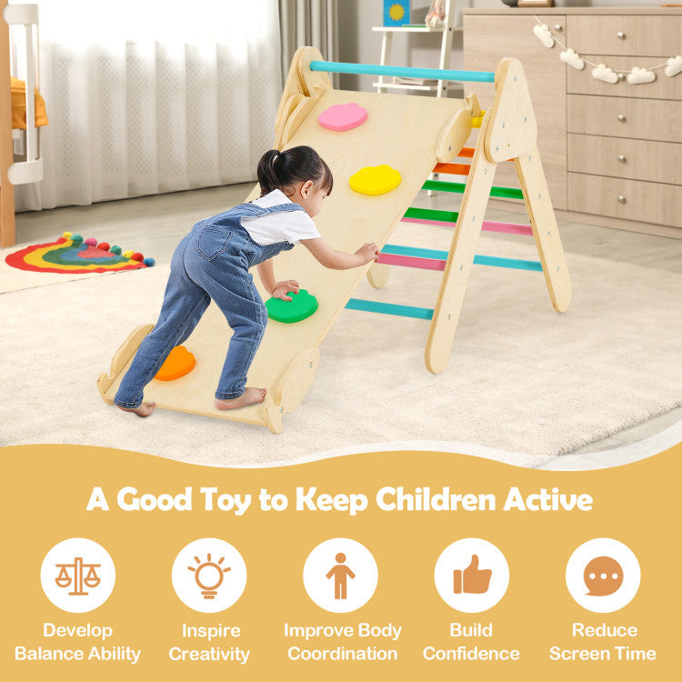 2-in-1 Kids Wooden Montessori Climbing Toys Set Toddlers Triangle Climber Play Gym Ladder with Sliding Ramp