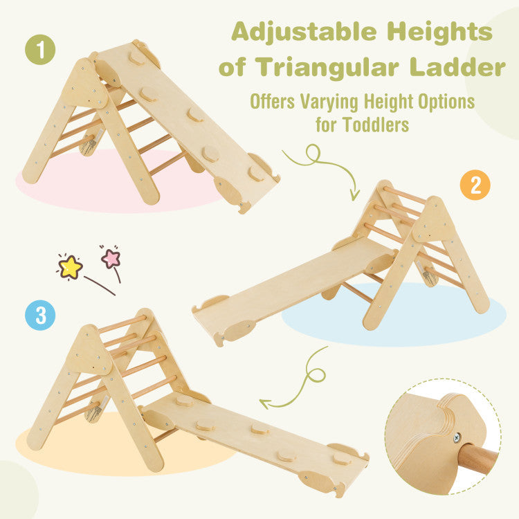 2-in-1 Kids Wooden Montessori Climbing Toys Set Toddlers Triangle Climber Play Gym Ladder with Sliding Ramp