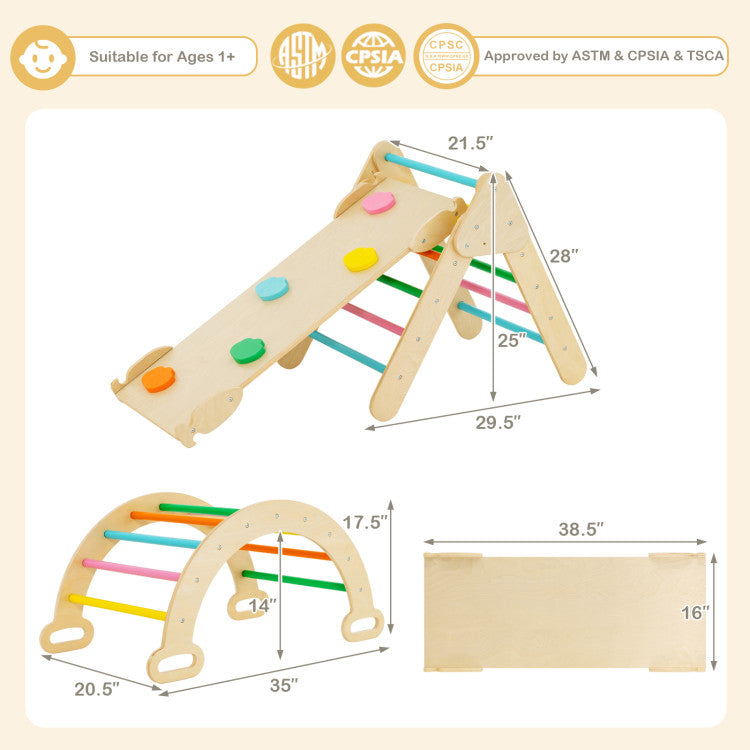 2-in-1 Kids Wooden Montessori Climbing Toys Set Toddlers Triangle Climber Play Gym Ladder with Sliding Ramp