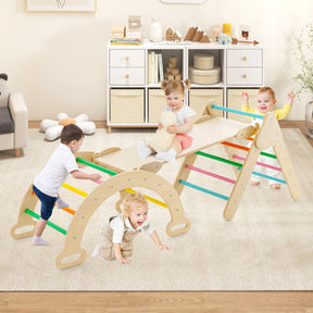 2-in-1 Kids Wooden Montessori Climbing Toys Set Toddlers Triangle Climber Play Gym Ladder with Sliding Ramp