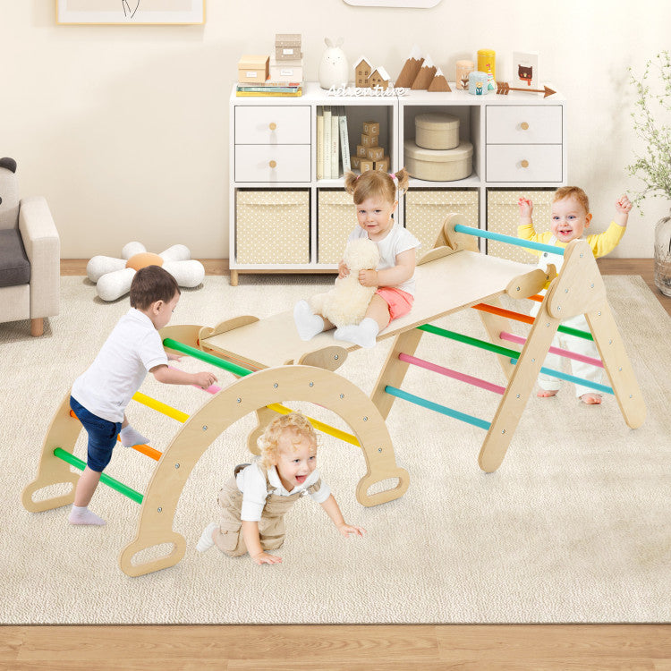 2-in-1 Kids Wooden Montessori Climbing Toys Set Toddlers Triangle Climber Play Gym Ladder with Sliding Ramp