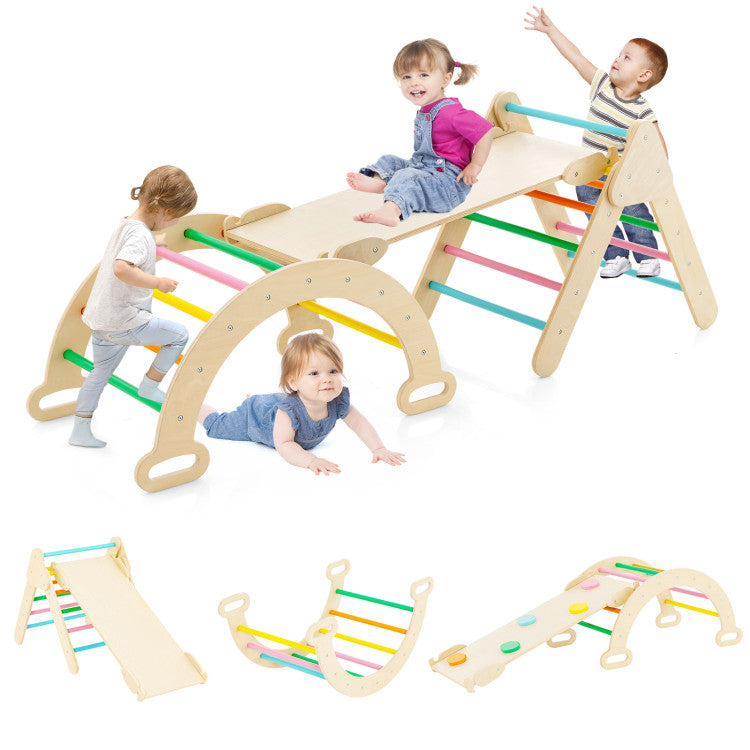 2-in-1 Kids Wooden Montessori Climbing Toys Set Toddlers Triangle Climber Play Gym Ladder with Sliding Ramp