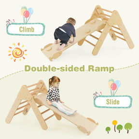 2-in-1 Kids Wooden Montessori Climbing Toys Set Toddlers Triangle Climber Play Gym Ladder with Sliding Ramp