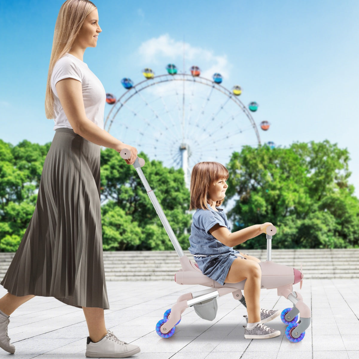 2-in-1 Kids Ride-on Push Car with LED Lighted Wheels-Blue