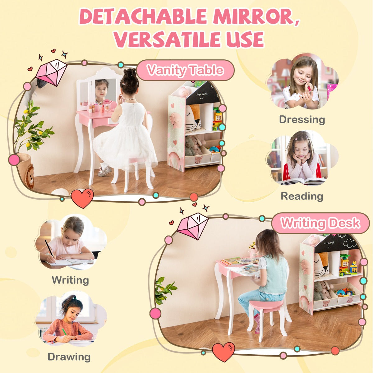 Kids Vanity Set with Tri-folding Acrylic Mirror TOP 20 Bonus Trinkets Set