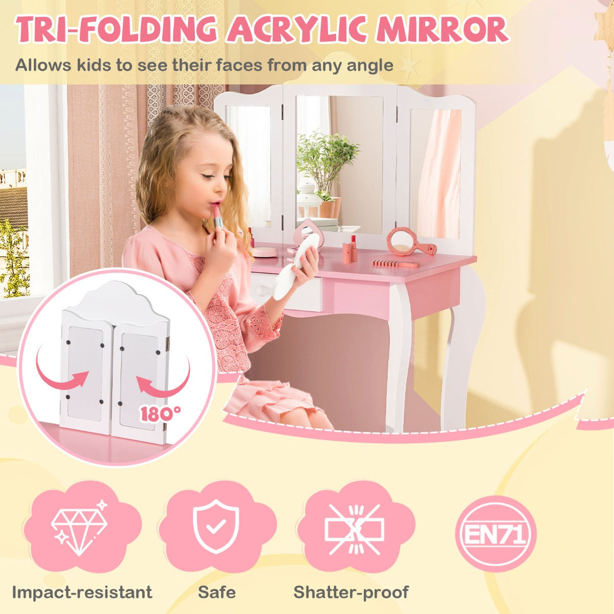 Kids Vanity Set with Tri-folding Acrylic Mirror TOP 20 Bonus Trinkets Set