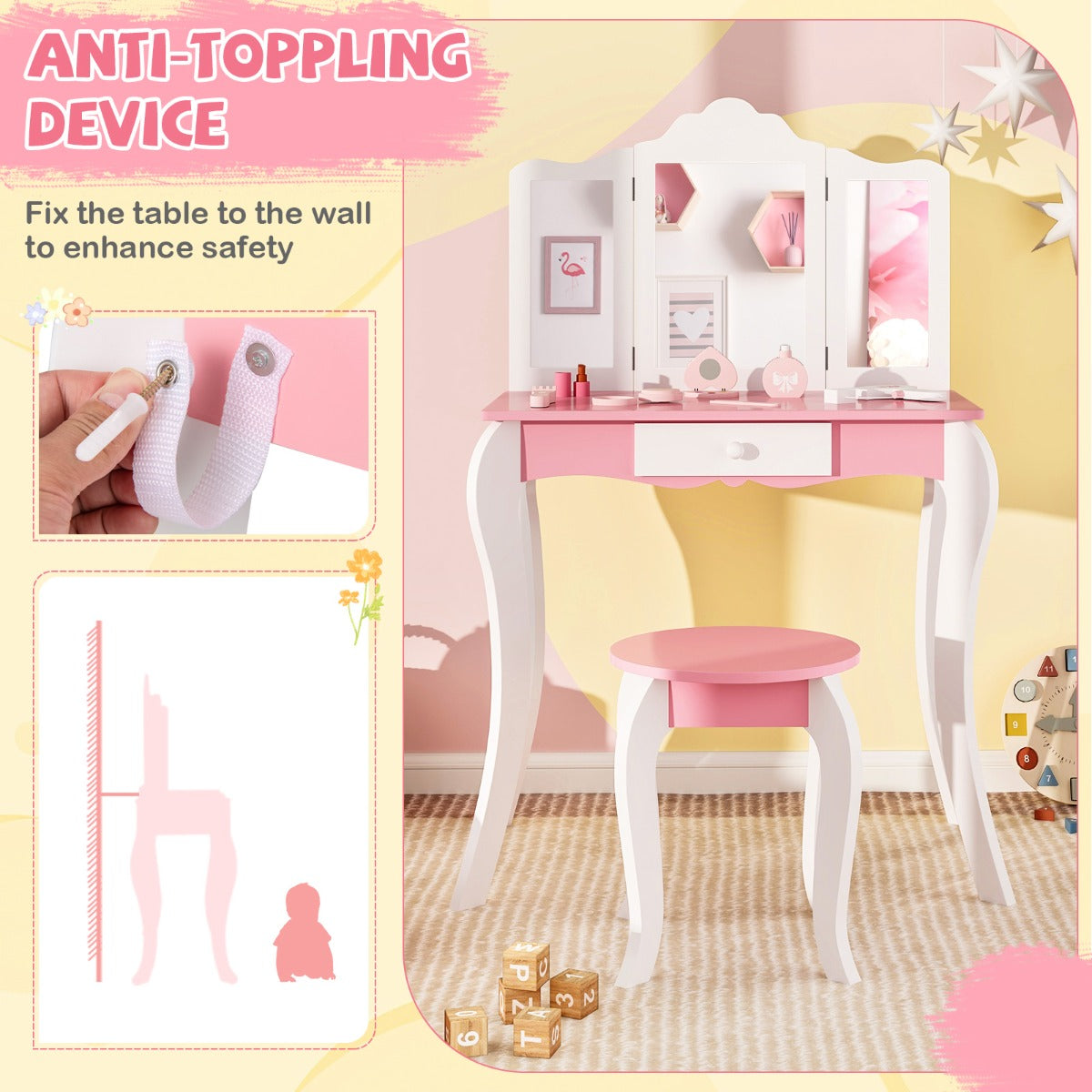 Kids Vanity Set with Tri-folding Acrylic Mirror TOP 20 Bonus Trinkets Set