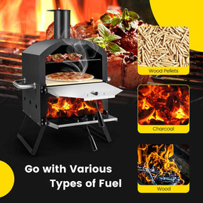 2-Layer Wood Fired Pizza Oven, Outdoor Portable Grill Pizza Maker with 12" Pizza Stone, Waterproof Cover & Folding Legs for Camping, Backyard BBQ