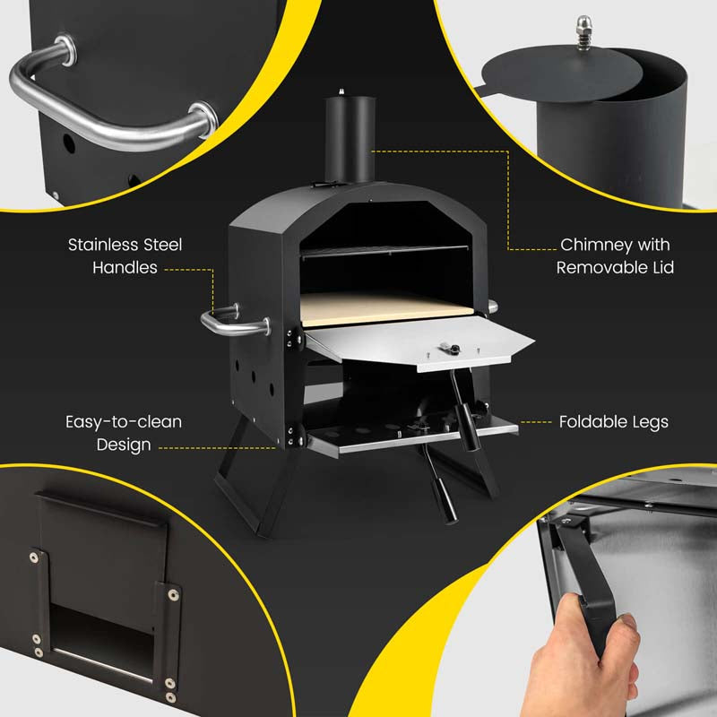 2-Layer Wood Fired Pizza Oven, Outdoor Portable Grill Pizza Maker with 12" Pizza Stone, Waterproof Cover & Folding Legs for Camping, Backyard BBQ