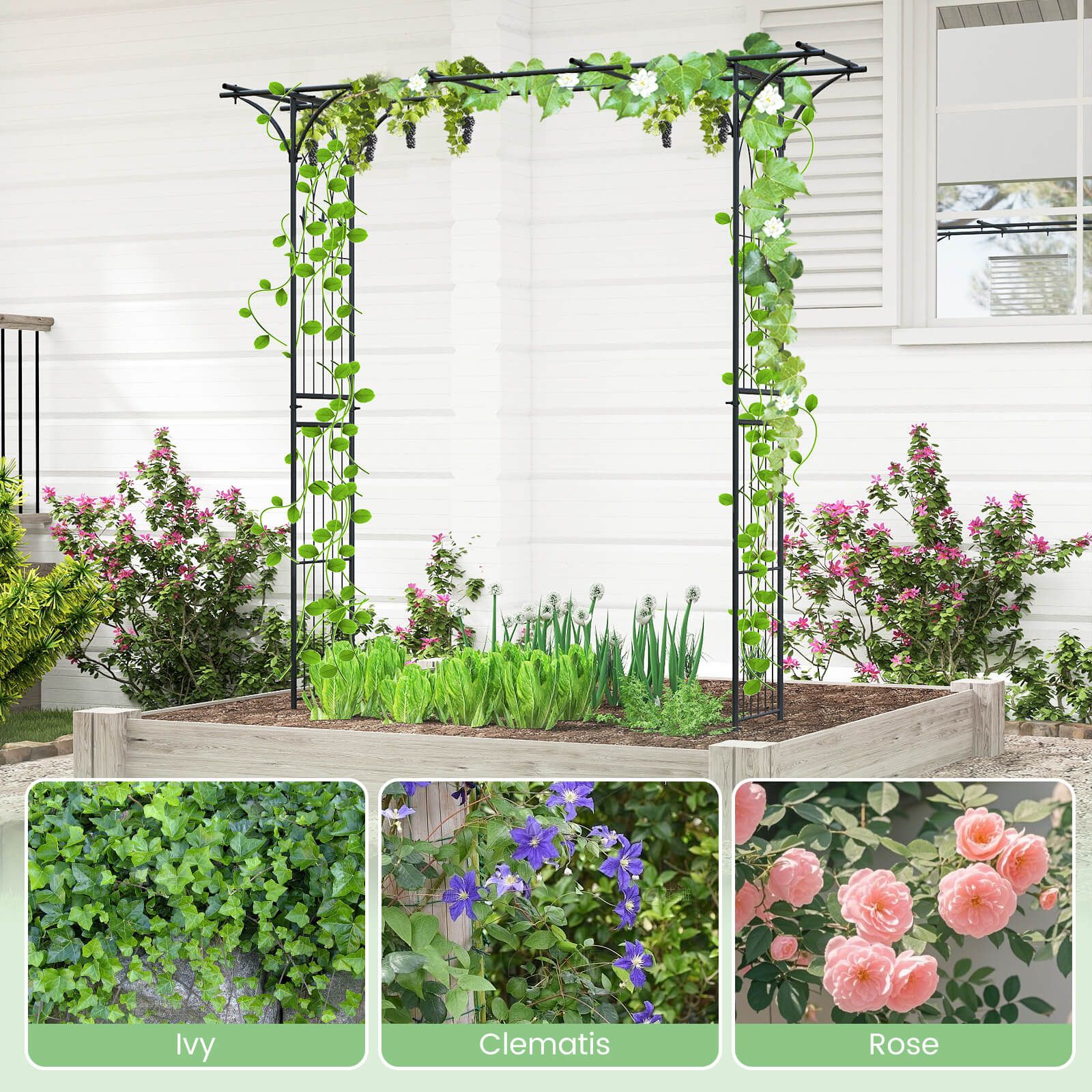 207 cm Flat Top Garden Arch with Trellises for Climbing Plants Outdoor Decor