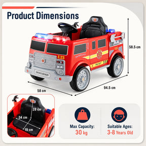 Kids Ride on Fire Truck, 12V Battery Powered Fire Car with Remote Control, Extinguisher, Shovel, Loudspeaker, Music, Sirens, Lights & Wireless Connection, Electric Vehicle for Children 3-8 Years Old