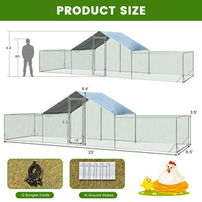 23FT Large Walk-in Chicken Coop Metal Poultry Cage Rabbits House Habitat Cage with Waterproof Cover for Backyard Farm