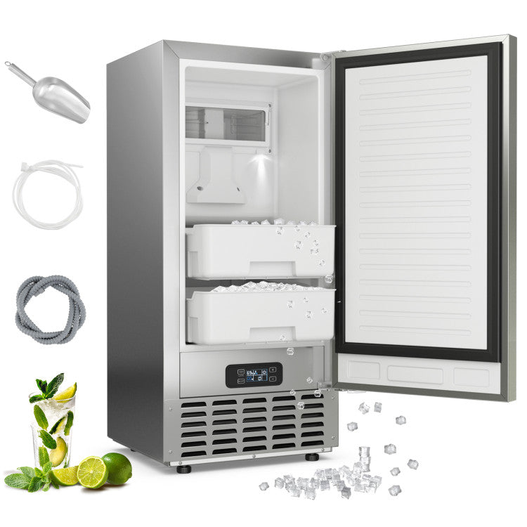 80Lbs/24H Commercial Ice Maker Stainless Steel Under Counter Nugget Ice Maker Machine with 24H Timer, Self-Cleaning and Storage Slot