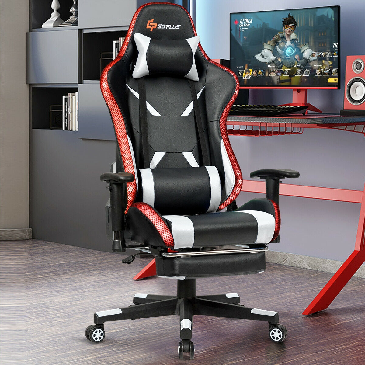 Ergonomic High Back Massage Gaming Chair with Light and Handrails