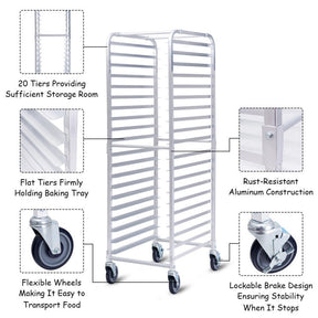 26 x 20 x 70 Inch 20-Tier Commercial Bakery Racks Aluminum Pan Rolling Trolley Storage Rack with Brake Wheels