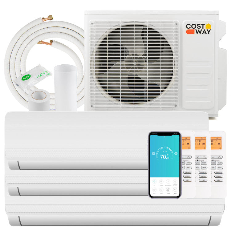 27000 BTU 3 Zone Mini Split Air Conditioner 19 SEER2 Wifi Enabled Ductless Wall Mounted Inverter AC Unit with 24h Timer and Heat Pump