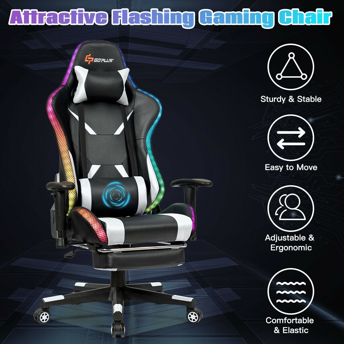 Ergonomic High Back Massage Gaming Chair with Light and Handrails