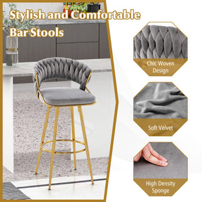 29 Inch Velvet Bar Stools Set of 2 Counter Height Barstools Armless Dining Chairs with Adjustable Foot Pads and Woven Backrest