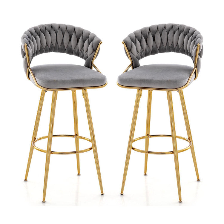 29 Inch Velvet Bar Stools Set of 2 Counter Height Barstools Armless Dining Chairs with Adjustable Foot Pads and Woven Backrest