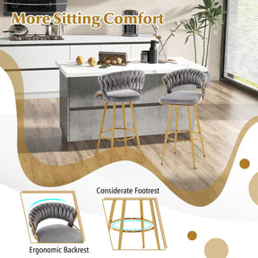 29 Inch Velvet Bar Stools Set of 2 Counter Height Barstools Armless Dining Chairs with Adjustable Foot Pads and Woven Backrest