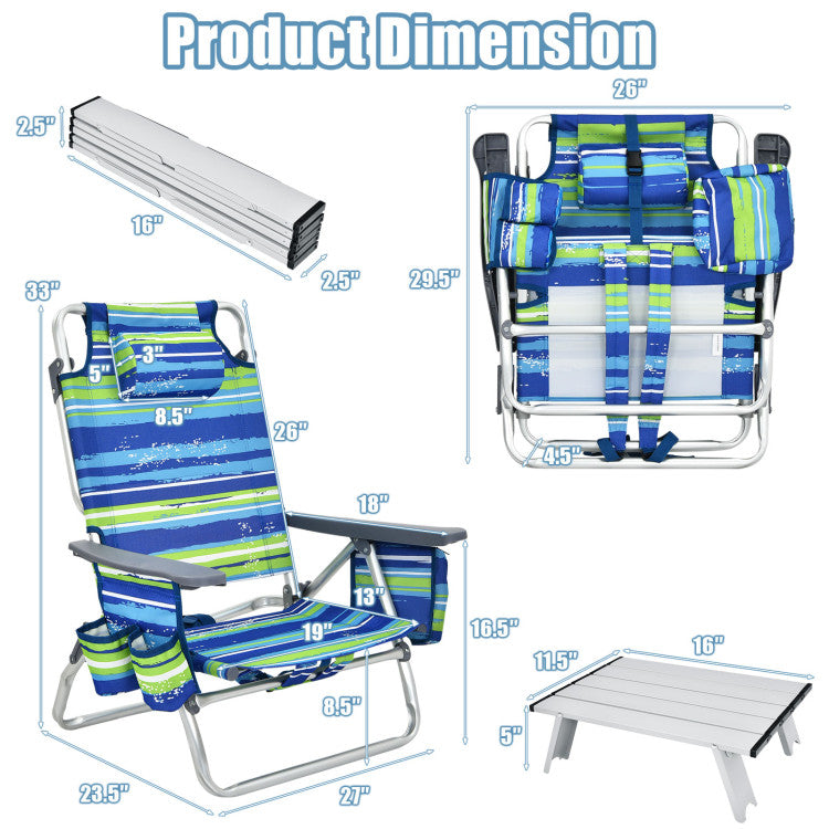 Hikidspace 2-Pack 5 Adjustable Position Folding Beach Table Recliners Set with Cup Holders