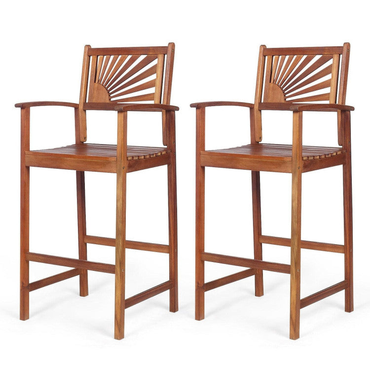 2 Pieces Outdoor Bar Stools Acacia Wood Chairs with Sunflower Backrest and Armrests