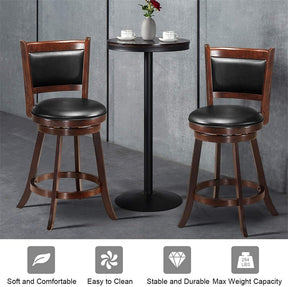 24" Wood Swivel Bar Stools Set of 2 with Back & PVC Leather Cushion Seat, Upholstered Counter Height Bar Chairs for Kitchen Dining Room