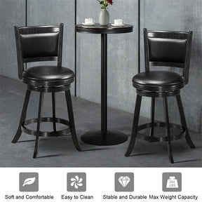 24" Wood Swivel Bar Stools Set of 2 with Back & PVC Leather Cushion Seat, Upholstered Counter Height Bar Chairs for Kitchen Dining Room
