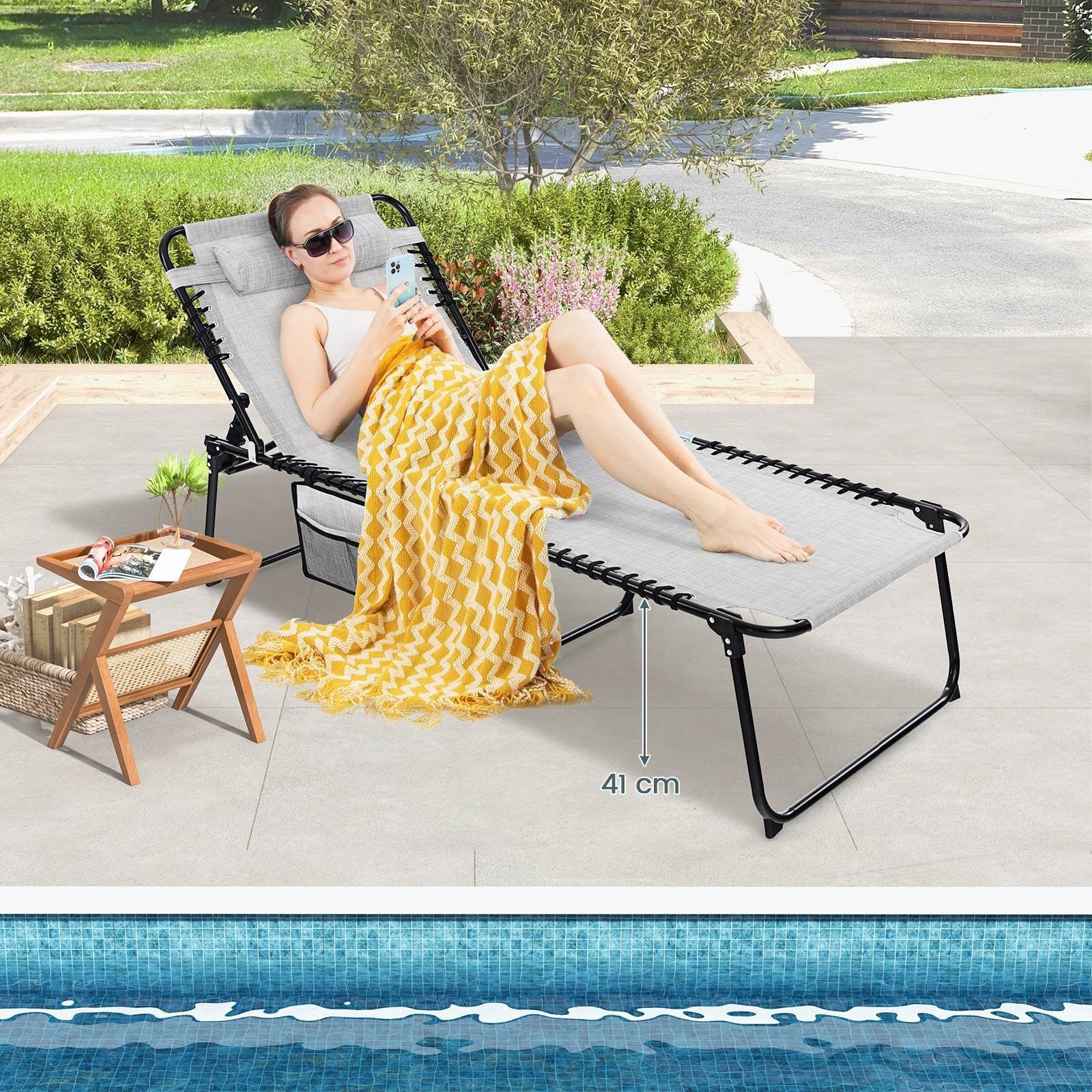 Patio Folding Chaise Lounge with 4-Level Backrest & Detachable Headrest Outdoor（59cm）