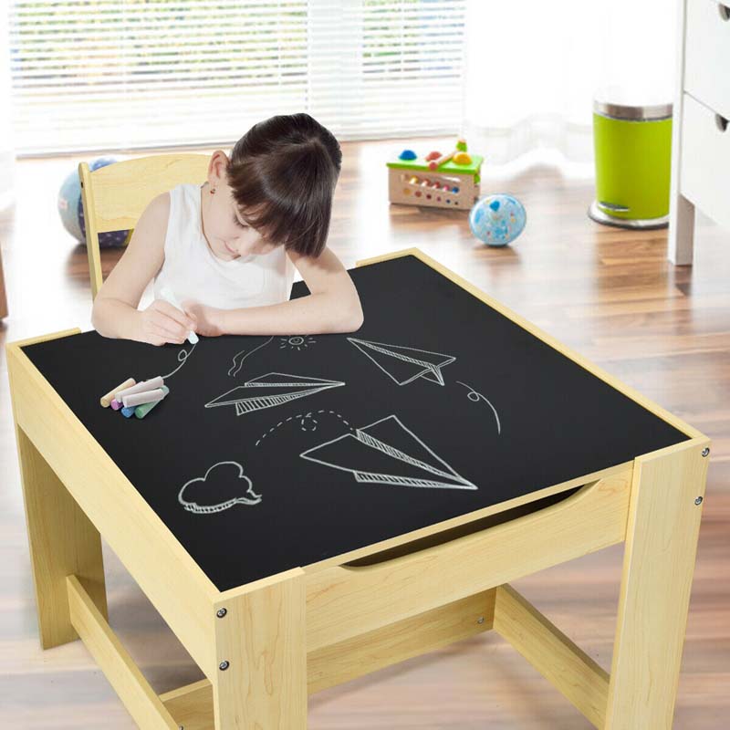 Kids Table & Chairs Set, 3-in-1 Wooden Toddler Activity Table with Storage, Reversible Tabletop & Blackboard for Art Craft, Drawing, Playroom
