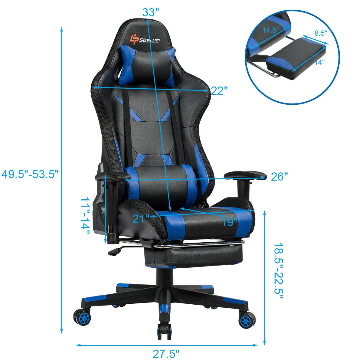 Ergonomic High Back Massage Gaming Chair with Light and Handrails