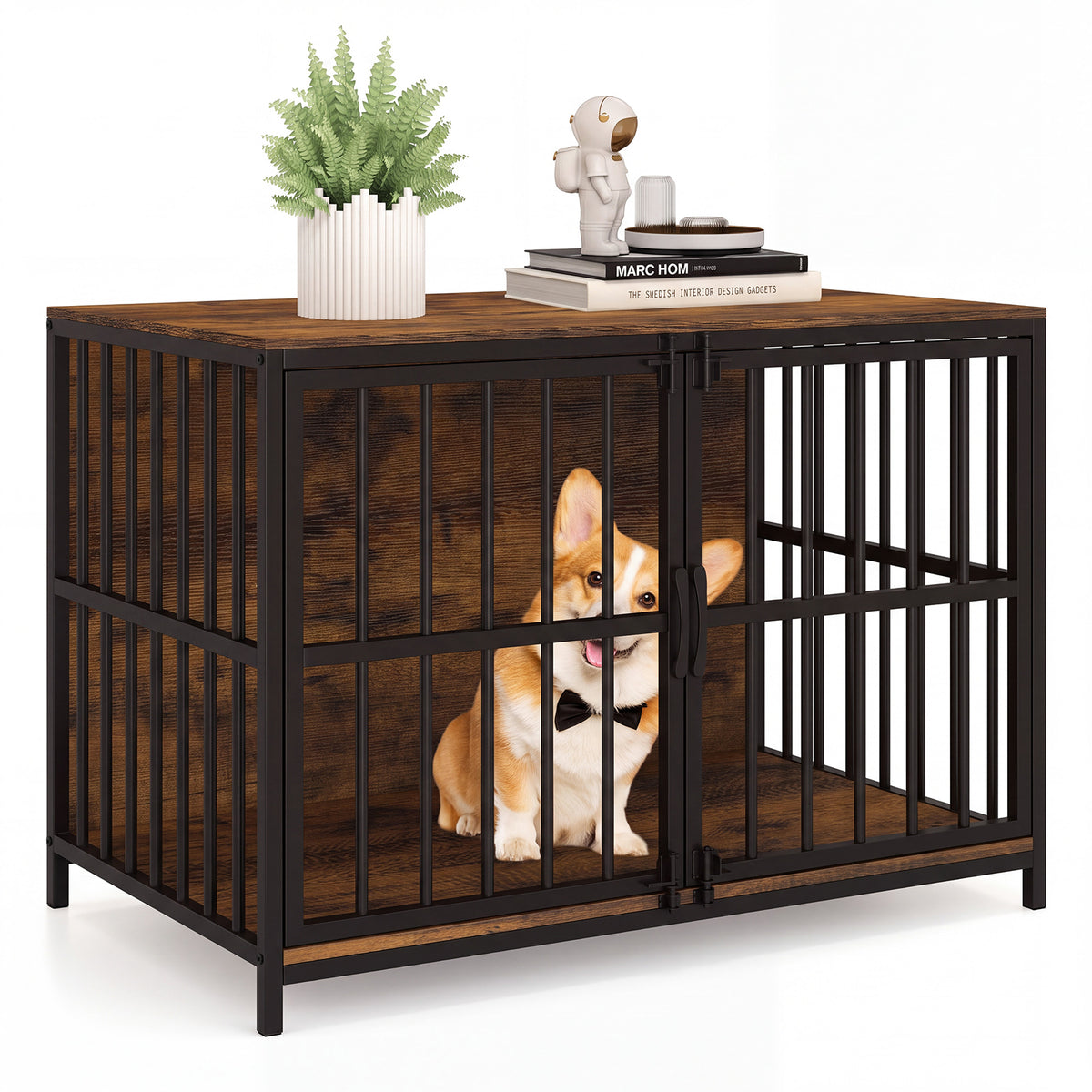 Heavy-Duty Dog Crate Furniture, 100 cm Dog Kennel with Dual Lockable Double Doors