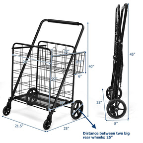 Portable Jumbo Double Basket Utility Grocery Cart Heavy Duty Folding Shopping Cart with 360° Rolling Swivel Wheels