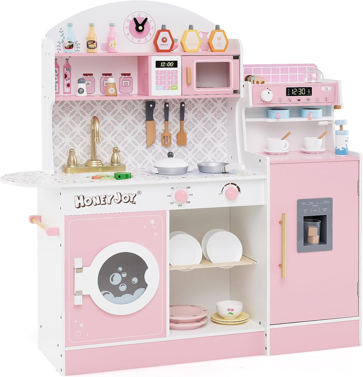 Kids Kitchen Playset, Wooden Pretend Play Kitchen w/Clock, Microwave, Sink, Dish Rack, Washing Machine, Ice & Coffee Makers