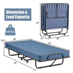 79" x 39" Rollaway Folding Bed with 5" Memory Foam Mattress, Twin Size Portable Guest Bed with Wheels
