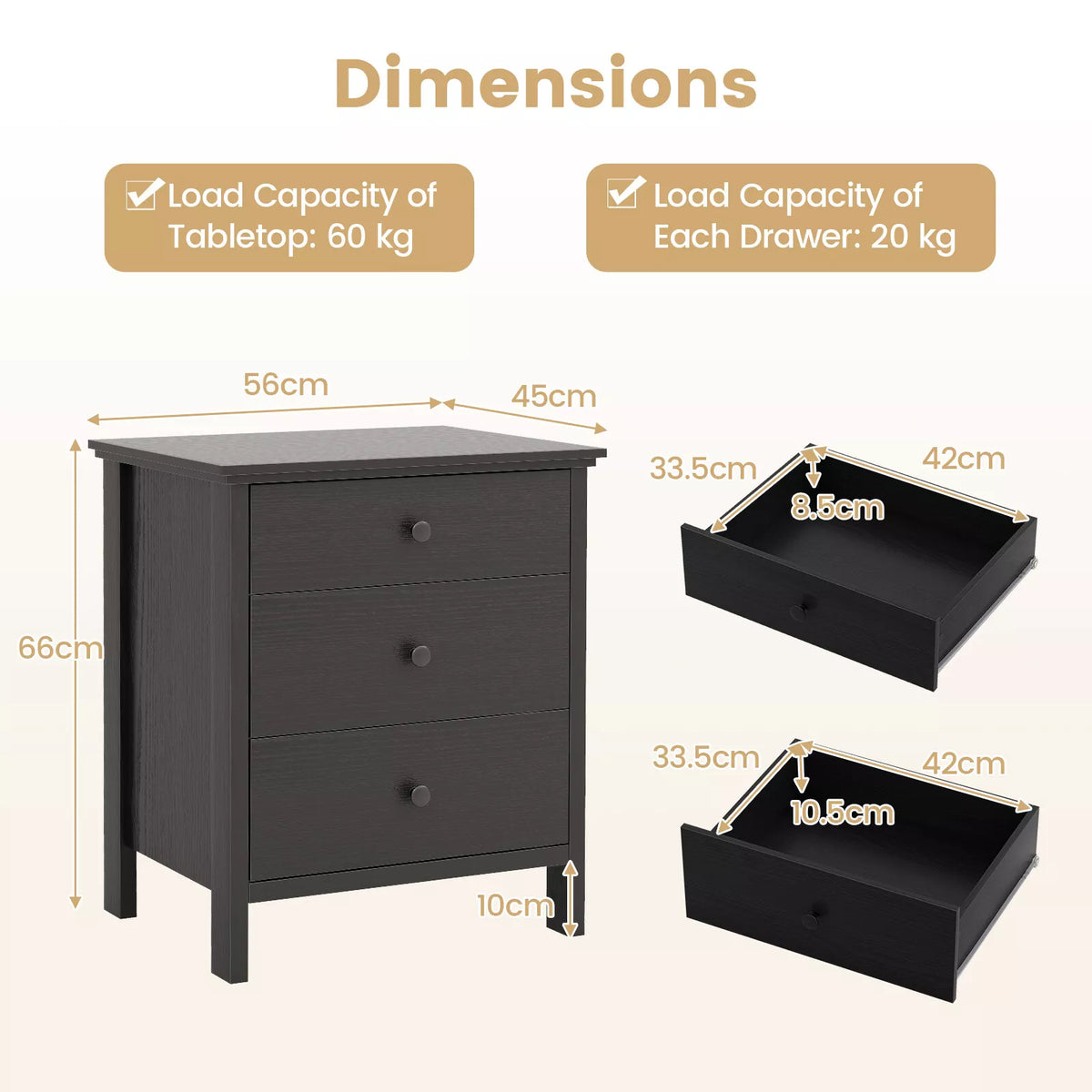 Giantex 3-Drawer Nightstand Wooden Bedside Table Modern Side End Table Chest of Drawers