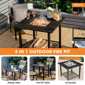 31" Multifunctional Outdoor Fire Pit Patio Fireplace Dining Table with BBQ Grate